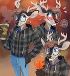 anthro antlers autumn autumn_leaves blurred_background blush bottomwear brown_body brown_fur brown_hair clothing coffee_cup container cup denim denim_bottomwear denim_clothing eyewear fur glasses hair half-closed_eyes hoodie horn jeans male narrowed_eyes pants simple_background smile solo tan_body tan_fur topwear wide_eyed heresvix clay_(zephyzx) deer mammal new_world_deer white-tailed_deer hi_res