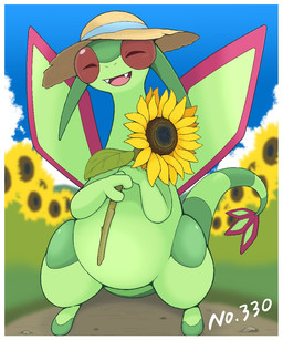 ambiguous_gender blue_ribbon_stripe blurred_background clothing cloud dirt_path eyes_closed flower green_body hat headgear headwear number plant smile smiling_at_viewer solo sun_hat sunflower tail teeth_showing wings nak_anust nintendo pokemon flygon generation_3_pokemon pokemon_(species) 5:6 hi_res