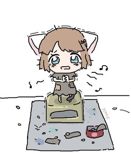 accessory ambiguous_gender bodily_fluids bow_ribbon coin hair hair_accessory hair_bow hair_ribbon money motion_lines musical_note musical_symbol open_mouth ragged_clothing ribbons shaking singing solo sound_effects standing_on_object symbol tarp tears tremble_lines trembling dr.kimochi ponos_corp. the_battle_cats neneko_(the_battle_cats) animal_humanoid felid felid_humanoid feline feline_humanoid humanoid mammal mammal_humanoid signature