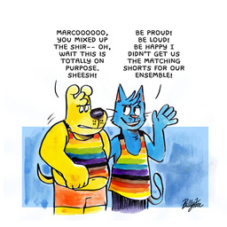 anthro black_text blue_body blue_fur bottomwear clothing detailed_background dialogue duo fur lgbt_pride male multicolored_clothing multicolored_shirt multicolored_tank_top multicolored_topwear open_mouth open_smile orange_bottomwear orange_clothing orange_shorts overweight overweight_male pants pink_nose pride_colors purple_bottomwear purple_clothing purple_pants rainbow_clothing rainbow_shirt rainbow_tank_top rainbow_topwear shirt shorts simple_background smile tank_top teeth_showing text tongue_showing topwear white_background yellow_body yellow_fur billy_fore lgbt_pride_month marco_and_marty marco_marcowitz marco_the_cat marty_martin canid canine canis domestic_cat domestic_dog felid feline felis mammal 1:1 hi_res signature