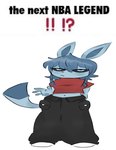 anthro anthrofied biped black_sclera blue_body blue_eyes bottomwear clothed clothing female navel oversized_bottomwear oversized_clothing pokemorph shitpost simple_background solo tail text white_background svkhaiminh nintendo pokemon eeveelution generation_4_pokemon glaceon pokemon_(species) english_text hi_res meme