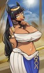 anthro big_breasts black_hair blue_eyes breasts brown_body brown_fur cleavage clothed clothing day desert egyptian eyebrow_through_hair eyebrows female female_anthro fingers fur hair half-closed_eyes huge_breasts jewelry kemono long_hair markings midriff narrowed_eyes navel nipple_outline open_mouth outside solo standing translucent translucent_hair wide_hips sindoll egyptian_mythology middle_eastern_mythology mythology zenonzard anbs-02 canid canine mammal hi_res