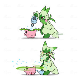 ambiguous_anthro ambiguous_feral ambiguous_gender anthro blush cheek_tuft claws dipstick_ears duo ear_markings eyes_closed facial_tuft feral finger_claws fur gloves_(marking) green_body green_fur green_tail kemono leaf leaf_on_head leg_markings markings multicolored_ears narrowed_eyes one_eye_closed open_mouth open_smile pink_body pink_fur pink_tail red_eyes short_tail simple_background size_difference smile socks_(marking) tail tail_motion tailwag tuft water watering watering_can wet white_background white_claws tontaro nintendo pokemon felid feline floragato generation_2_pokemon generation_9_pokemon hoppip mammal pokemon_(species) 1:1 2026 2d_animation animated frame_by_frame loop signature watermark
