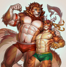 abs accessory anthro antlers arm_around_shoulders arm_around_waist avian_arms beard biceps black_claws blonde_highlights blue_eyes body_hair bottomwear brown_body brown_fur brown_nose brown_stripes bulge claws clothed clothing countershading deltoids duo ear_piercing eye_contact face_squish facial_hair flexing forearm_muscles fur goatee green_bottomwear green_clothing green_shorts hair happy_trail headband highlights_(coloring) horn hotpants long_tail looking_at_another male male/male male_anthro mane muscular muscular_anthro muscular_arms muscular_male navel nipple_piercing nipple_ring nipples orange_body orange_fur pecs piercing pink_nose quads red_beard red_bottomwear red_clothing red_facial_hair red_hair red_mane red_shorts ring_piercing ripping shorts simple_background smile squish standing stripes tail tan_body tan_fur tiger_dragon topless topless_male torn_clothing whisker_spots white_body white_fur edvardiko iorek reongzhi canid canine canis felid hybrid mammal pantherine tiger wolf wolfdog hi_res portrait three-quarter_portrait