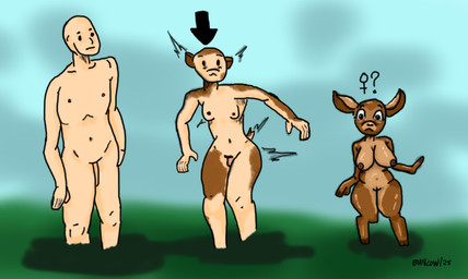 anthro belly breast_growth breasts confusion emoticon female gender_transformation genitals growth human_to_anthro male mtf_transformation nipples shrinking size_transformation solo species_transformation thick_thighs transformation vulva buncow deer mammal hi_res