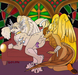 amethyst_(gem) anatomically_correct anatomically_correct_balls anatomically_correct_genitalia animal_genitalia animal_penis anklet anthro anus backsack ball_suck ball_worship balls bandage barefoot body_worship bracelet breasts brown_body brown_hair butt cheek_tuft claws collar countershade_face countershade_feet countershade_fur countershade_legs countershade_neck countershade_tail countershade_torso countershading cuff_(restraint) detailed_background duo erection eyebrows eyelashes facial_tuft feather_hair feathered_wings feathers feet female finger_claws fingers fur furniture gem genital_worship genitals gold_(metal) gold_ear_piercing gold_jewelry gold_nipples gold_wings gradient_penis hair head_wings horn jewelry knot knotted_penis male male/female markings multi_wing multicolored_body mutilation nipples nude open_mouth oral pawpads penile penis penis_backwards perineum piercing pseudo_hair purple_eyes restraints ridged_penis scales scenery sex silver_(metal) silver_jewelry small_breasts sofa sofa_sex spread_wings stained_glass stud_ear_ring sucking tail tail_cuff tail_feathers tail_feathers_tuft tail_tuft tan_body tan_wings teeth toe_claws toes tongue tuft unusual_wing_placement vas_deferens vein veiny_balls white_wings window wings wrapped_arms wrappings yellow_eyes goldnamaterasu mythology nirun_(admiral-sabree) yaharon_(admiral-sabree) dragon feathered_dragon feathered_scalie mythological_creature mythological_scalie scalie digital_media_(artwork) hi_res