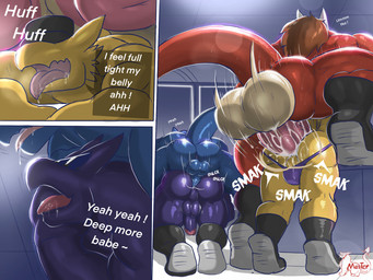 anthro balls big_balls big_penis blue_body bodily_fluids boots brown_hair butt clothing cum cum_in_ass cum_inside dialogue footwear genital_fluids genitals group hair huge_balls huge_penis humanoid_genitalia humanoid_penis hyper hyper_balls hyper_genitalia hyper_penis male male/male male_penetrated male_penetrating male_penetrating_anthro male_penetrating_male muscular muscular_anthro muscular_male penetration penis purple_body red_body sex shoes speedo swimwear tail text yellow_body masterelrest a_hat_in_time mythology me_(master_elrest) the_conductor_(ahit) avian bird dragon mythological_creature mythological_scalie scalie 4:3 comic english_text