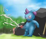anthro balls blue_body blush bodily_fluids cum cumshot ejaculation genital_fluids genitals glans hair half-closed_eyes holding_penis huge_cumshot humanoid_genitalia humanoid_penis male masturbation multicolored_body narrowed_eyes one_eye_closed outside penile penile_masturbation penis pink_body purple_eyes purple_hair solo surprised sweat two_tone_body vein veiny_penis drain_scat palworld pocketpair cattiva depresso pal_(species) 2024 absurd_res hi_res