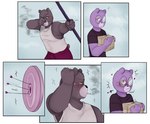 anthro arrow_(weapon) blush bodily_fluids bottomwear bow_(weapon) brown_body clothing eyewear glasses pants purple_body ranged_weapon shirt smoking sweat topwear weapon zadscat unicorn_wars padre_(unicorn_wars) sargento_caricias bear mammal 2023 comic hi_res