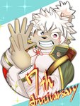 anthro blush brown_body brown_fur cape clothing fur gesture grin hair heterochromia looking_at_viewer male slightly_chubby smile solo topknot white_hair young young_anthro kt0414143919 lifewonders tokyo_afterschool_summoners masashi_(tas) canid canine canis domestic_dog mammal