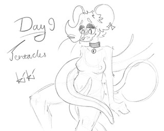 anthro bell bell_collar blush breasts collar collar_only ear_piercing ear_tag female half-closed_eyes markings mouse_ears mouse_tail narrowed_eyes nipples nude piercing simple_background sitting solo tail tentacles text whisker_markings whiskers sewiggler kinktober_2025 kiki_(sewiggler) mammal mouse murid murine rodent tentacle_creature 2025 english_text monochrome signature sketch