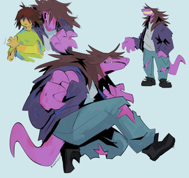 ambiguous_gender anthro boots bottomwear brown_hair clothing denim denim_bottomwear denim_clothing duo eyes_closed fangs female footwear hair hand_in_pocket jacket jeans monotone_background pants pattern_clothing pattern_topwear pockets purple_body sharp_teeth shoes simple_background smile striped_clothing striped_topwear stripes tail teeth topwear torn_bottomwear torn_clothing torn_jeans torn_pants wave yellow_body yellow_eyes yellow_skin krimmins deltarune undertale_(series) susie_(deltarune) human mammal reptile scalie 2026 digital_media_(artwork) hi_res signature