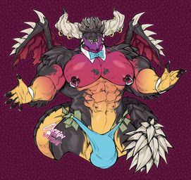 abs anthro anthrofied arm_spikes balls_outline banknote biceps big_bulge big_muscles blue_clothing blue_thong blue_underwear bodily_fluids bow_tie bulge claws clothed clothing detailed_bulge dipstick_horn drooling fangs front_view furgonomic_piercing furgonomics genital_outline horn horn_piercing horn_ring_(piercing) huge_muscles looking_at_viewer male membrane_(anatomy) membranous_wings money money_in_thong multicolored_horn muscular muscular_male nipple_piercing nipple_ring nipples one_eye_closed open_mouth open_smile pecs piercing pink_sclera quads ring_piercing saliva sharp_teeth shirt_collar shirt_cuffs shoulder_spikes simple_background skimpy small_wings smile spiked_tail spikes spikes_(anatomy) spread_arms stripper tail teeth thong underwear wing_claws wings wink winking_at_viewer barabait capcom monster_hunter mythology alexander_(lieutenantskittles) fan_character dragon elder_dragon mythological_creature mythological_scalie nergigante scalie 2026 hi_res portrait three-quarter_portrait