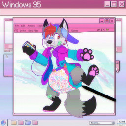 1990s_theme 4_fingers 4_toes ambiguous_gender anthro backwards_baseball_cap backwards_hat band-aid band-aid_on_face band-aid_on_knee band-aid_on_leg band-aid_on_nose bandage bandage_on_face bandage_on_nose baseball_cap black_body black_ear_tips black_fur black_nose black_tail black_tail_tip blue_band-aid blue_clothing blue_shirt blue_topwear cassette_player clean_diaper clothed clothing crt_effect detailed_background diaper diaper_pull dipstick_ears dipstick_tail ear_markings electronics feet file_folder fingers fur green_band-aid grey_body grey_fur grey_inner_ear grey_tail hair hat headgear headphones headwear heart_symbol jacket leg_markings logo markings multicolored_body multicolored_clothing multicolored_ears multicolored_fur multicolored_hat multicolored_jacket multicolored_topwear on_one_leg open_mouth pawpads pink_pawpads red_hair search_bar shirt snaggle_tooth socks_(marking) solo standing stylus tail tail_markings text three-quarter_view toes topwear twitch_logo two_tone_tail wearing_diaper whisker_spots window_(computing) worried jupiters microsoft microsoft_windows solo_jazz_pattern twitch.tv windows_95 kota_(wittlewolfykota) canid canine canis mammal wolf 1:1 2025 absurd_res english_text full-length_portrait hi_res portrait