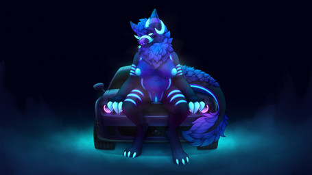 anthro barbell_piercing black_body blue_body blue_fur bodily_fluids breasts circular_barbell_piercing claws facial_piercing female fur genitals glowing glowing_eyes glowing_genitalia glowing_horn glowing_markings glowing_mouth glowing_nipples glowing_vulva horn looking_at_viewer markings musk musky_breasts musky_vulva nipples nose_piercing nose_ring nude outside piercing ring_piercing septum_circular_barbell septum_piercing sitting sitting_on_car slightly_chubby smile smirk solo sweat sweaty_breasts sweaty_genitalia tail tongue tongue_out vulva zegzagun dodge_challenger spark_(kkannonball) wickerbeast 16:9 absurd_res hi_res widescreen