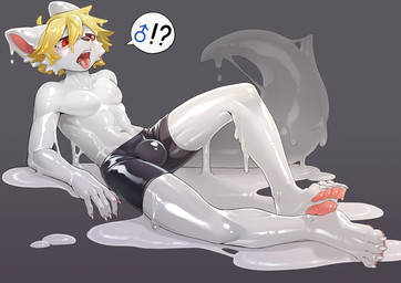 after_transformation anthro black_bottomwear black_clothing black_pants blonde_hair bodily_fluids bottomwear bulge claws clothing crossgender dripping feet female ftm_crossgender ftm_transformation gender_transformation goo_hair goo_transformation hair jaw male null_bulge pants pink_paws pseudo_hair red_eyes solo tail tears tongue tongue_out transformation white_body white_ears white_tail sssshark_(artist) ids_(user) ace_heart_(ids) canid canine canis human mammal wolf absurd_res hi_res
