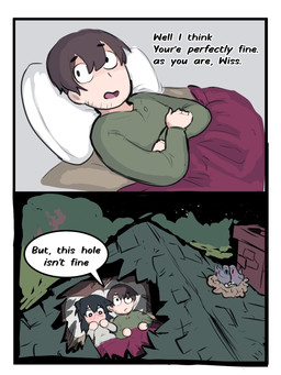 bed blush duo female furniture hole_in_ceiling male married_couple pregnant scar speech_bubble text under_covers japversus ounce_(japversus) wiss_(japversus) animal_humanoid cat_humanoid felid felid_humanoid feline feline_humanoid human humanoid mammal mammal_humanoid 3:4 english_text hi_res