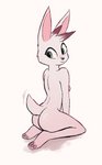 2020 anthro blush butt digital_media_(artwork) elote_(enginetrap) enginetrap female fur green_eyes head_tuft hi_res lagomorph leporid looking_back mammal nude pawpads rabbit shaded simple_background simple_eyes simple_shading solo tail tail_motion tailwag tuft white_background white_body white_fur