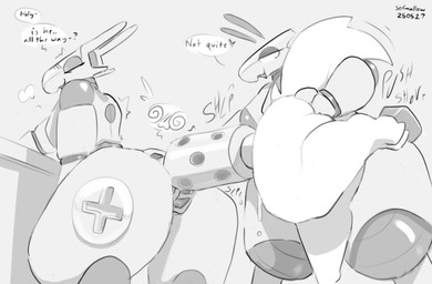 anthro big_butt blush blush_lines butt dialogue exhaust_pipe exhaust_vore eyes_closed female group heart_symbol machine narrowed_eyes open_mouth rear_view robot_pred sound_effects speech_bubble spiral spiral_eyes text thick_thighs trio vore sofmallow cheesecake_(sofmallow) robot 2025 absurd_res digital_drawing_(artwork) digital_media_(artwork) english_text hi_res monochrome signature