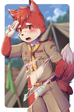 anthro blush bodily_fluids bottomwear clothed clothing dipstick_tail fur gesture hair kemono kerchief male markings neckerchief neckwear red_body red_fur red_hair salute scout_uniform shirt shorts solo sweat tail tail_markings topwear underwear x-ray_view young young_anthro young_male daikung canid canine fox mammal 2017 hi_res