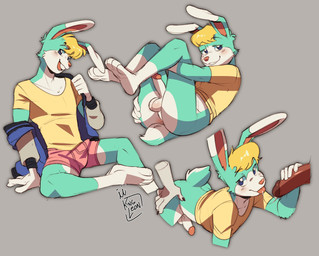 anthro anus balls blonde_hair bodily_fluids bottomless buckteeth bulge butt butt_grab clothed clothing cum cum_string disembodied_penis erection fellatio fur genital_fluids genitals green_body green_fur group group_sex hair hand_on_butt humanoid_genitalia humanoid_penis long_ears looking_at_viewer male male/male narrowed_eyes oral penile penis penis_grab presenting presenting_hindquarters seductive sex shirt smile t-shirt teeth threesome topwear trio underwear k1ngl30n animal_crossing nintendo sasha_(animal_crossing) lagomorph leporid mammal rabbit hi_res