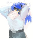 accessory anthro beak blue_body blue_feathers clothing dress_pants dress_shirt eye_patch eyewear feathers hair headband male neck_tuft ponytail raised_arms red_eyes shirt solo topwear tuft white_body white_feathers kaiko_003f lifewonders tokyo_afterschool_summoners horus_(tas) accipitrid accipitriform avian bird eagle