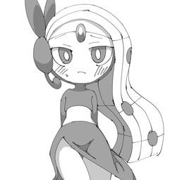 barely_visible_butt biped blush blush_lines bodily_fluids butt butt_from_the_front clothed clothing female flat_chested forehead_gem front_view gem hair long_hair looking_at_viewer pear-shaped_figure pseudo_clothing pseudo_dress sash shy simple_background slit_dress solo standing sweat sweatdrop white_background wide_hips noye nintendo pokemon generation_5_pokemon humanoid legendary_pokemon meloetta meloetta_(aria_form) pokemon_(species) 2025 digital_media_(artwork) greyscale hi_res monochrome portrait three-quarter_portrait