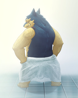 anthro back_muscles backsack balls barely_visible_balls barely_visible_genitalia bath bathhouse eye_scar facial_scar genitals hands_on_hips looking_over_shoulders male rear_view scar smile smiling_at_another solo towel towel_only translucent translucent_towel asdf16 nintendo pokemon blaze_(asdf16) badger generation_2_pokemon mammal mustelid musteline pokemon_(species) typhlosion