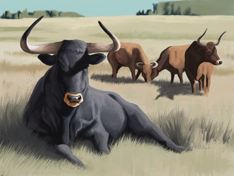 black_body black_fur blue_sky brown_body brown_fur day female feral field fur grass grasslands grazing group herd horn light looking_at_viewer lying male nature on_grass on_ground outside plant shadow sky sunlight agustindiazart aurochs bovid bovine mammal recently_extinct_species 2025 4:3 hi_res