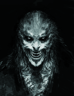 bared_teeth black_background body_hair chest_hair creepy dark hairy looking_at_viewer male nightmare_fuel sharp_teeth simple_background solo teeth unknown_artist harry_potter_(series) mythology fenrir_greyback canid canine humanoid mammal mythological_canine mythological_creature werecanid werecanine werecreature werewolf absurd_res concept_art hi_res monochrome official_art