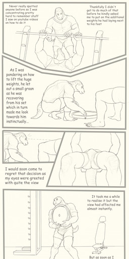 anthro barbell bottomwear bulge clothed clothing dialogue duo erection erection_under_clothing exercise lying male male_anthro markings muscular muscular_anthro muscular_male on_back profanity shirt shorts sitting spots spotted_markings spotted_neck spotted_shoulders spotted_tail standing t-shirt tail tail_markings text topwear unwanted_erection weightlifting workout aduran scalie 2023 absurd_res comic dated english_text hi_res monochrome multiple_scenes signature sketch