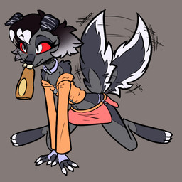 3_toes 4_fingers anthro arm_tuft barefoot bent_legs black_body black_fur bottle bottomwear claws closed_smile clothed clothed_anthro clothed_female clothing collar container countershade_tail countershading digitigrade dipstick_fingers eyebrow_through_hair eyebrows eyelashes feet female female_anthro finger_claws fingerless_(marking) fingers floppy_ears fluffy fluffy_tail folded_ears front_view fur fur_tuft hair highlights_(coloring) hoodie iris kneeling long_eyelashes long_tail motion_lines mouth_closed mouth_hold off_shoulder pupils red_eyes short_hair shoulder_tuft simple_background skinny skinny_anthro skinny_female skirt slit_pupils smile solo straight_arms tail tail_motion tailwag thong_straps toe_claws toeless_(marking) toes topwear translucent translucent_hair tuft zipper soulcentinel mythology molly_(violetechoes) canid canid_demon canine demon hellhound mammal mythological_canine mythological_creature colored full-length_portrait portrait