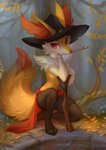 ambiguous_gender anthro arm_support autumn cheek_tuft clothed clothing depth_of_field detailed_background digitigrade dipstick_tail facial_tuft fluffy fluffy_tail forest fur furgonomics hat headgear headwear kneeling leaf leaning_on_elbow light looking_at_viewer markings on_one_knee orange_body orange_eyes orange_fur outside plant pose skimpy solo stick tail tail_markings tree tuft white_body white_fur yellow_body yellow_fur 2d10 nintendo pokemon braixen generation_6_pokemon mammal pokemon_(species) 2020 full-length_portrait hi_res lighting portrait signature