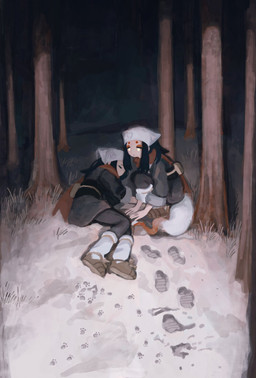 all_fours bottomwear clothed clothing crouching dipstick_tail duo eyes_closed female fluffy fluffy_tail footprint footwear fully_clothed fur glowing glowing_eyes grass hair half-closed_eyes headgear headwear jacket long_hair looking_at_viewer lying markings narrowed_eyes night on_side pants pawprint plant red_scarf scarf shoes snow tail tail_markings topwear tree white_body white_fur yellow_eyes dr_mice nintendo pokemon pokemon_legends_arceus akari_(pokemon) generation_8_pokemon hisuian_form hisuian_zorua human humanoid mammal pokemon_(species) regional_form_(pokemon) hi_res shaded