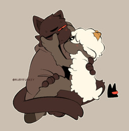 2_horns ambiguous_anthro ambiguous_gender anthro black_body black_fur black_tail blush eye_contact fur horn looking_at_another red_eyes simple_background tail white_body white_fur white_wool wool_(fur) rubyfunkey cult_of_the_lamb massive_monster_(studio) lamb_(cult_of_the_lamb) narinder bovid caprine domestic_cat felid feline felis mammal sheep digital_drawing_(artwork) digital_media_(artwork) hi_res