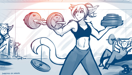 ambiguous_gender anthro athletic breasts cleavage clothed clothing dumbbell exercise female group gym hair holding_object midriff navel ponytail smile solo_focus stare weightlifting weights workout conditional_dnp tom_fischbach twokinds king_adelaide basitin mammal 2019 7:4 adobe_photoshop_(artwork) digital_media_(artwork) hi_res monochrome sketch