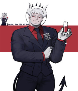 accessory alcohol beard beverage clothed clothing container crossgender cup drinking_glass dual_persona facial_hair female ftm_crossgender glass glass_container glass_cup gloves hair handwear horn looking_at_viewer male markings mole_(marking) muscular muscular_humanoid necktie not_furry occult_symbol red_eyes sigil sigil_of_lucifer simple_background solo spade_tail suit symbol tail white_hair wine wine_glass dopq helltaker lucifer_(helltaker) demon humanoid hi_res