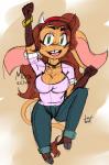 anthro big_breasts breasts brown_body brown_fur brown_hair clothed clothing female fur green_eyes hair horn huge_breasts long_hair looking_at_viewer open_mouth smile solo heroesheaven las_lindas mora_linda bovid bovine cattle mammal 2015 hi_res