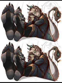 accessory anthro back_wings barefoot black_bars claws clothing earrings_only feet foot_focus fur furgonomic_piercing furgonomics hair horn humanoid_feet jewelry male piercing plantigrade ring_piercing soles solo tail tail_accessory tail_jewelry tail_piercing tail_ring_(piercing) toes wings helge kredri mythology dragon mythological_creature mythological_scalie scalie hi_res letterbox
