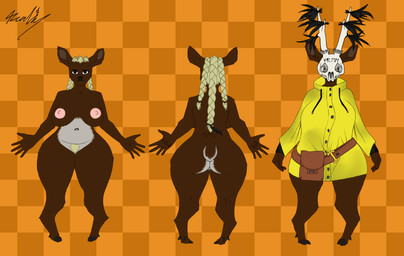 anthro areola big_breasts biped bone breasts checkered checkered_background clothing coat curvy_figure digitigrade feathers female genitals huge_breasts huge_thighs nipples nude pattern_background pubes raincoat simple_background skull solo thick_thighs topwear voluptuous vulva realius deer mammal new_world_deer roe_deer absurd_res hi_res model_sheet traditional_media_(artwork)