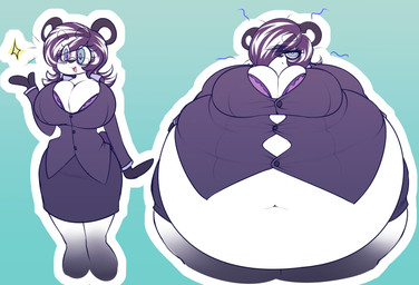 animal_ears annoyed anthro belly big_belly big_breasts blue_eyes bottomwear bra breasts clothing comparing eyewear female fur glasses grumpy hair happy huge_belly hyper hyper_belly morbidly_obese morbidly_obese_anthro morbidly_obese_female multicolored_body multicolored_fur multicolored_hair obese obese_anthro obese_female office_clothing office_lady overweight overweight_anthro overweight_female skirt smile solo thick_thighs tight_clothing two_tone_body two_tone_fur two_tone_hair underwear weight_gain white_body white_fur princecoffeecakes tiramisu_(princecoffeecakes) bear giant_panda mammal 2021 absurd_res hi_res
