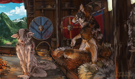 abuse animal_genitalia anthro balls bed blood bodily_fluids bound brown_body brown_fur detailed_background dominant dominant_male duo fur furniture genitals inside jewelry leash male male/male penis predator/prey sheath shield slave viking white_body white_fur heyriel bovid canid canine canis caprine mammal sheep wolf