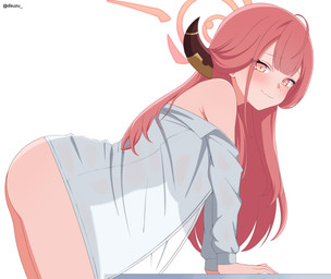ahoge bare_legs bare_shoulders bent_over big_breasts blush breasts clothed clothing female hair halo hands_on_table horn long_hair looking_at_viewer not_furry partially_clothed red_hair shirt simple_background standing topwear translucent translucent_clothing translucent_shirt translucent_topwear wavy_mouth white_background white_clothing white_shirt white_topwear yellow_eyes dsuzu blue_archive nexon aru_rikuhachima demon demon_humanoid horned_humanoid humanoid hi_res signature