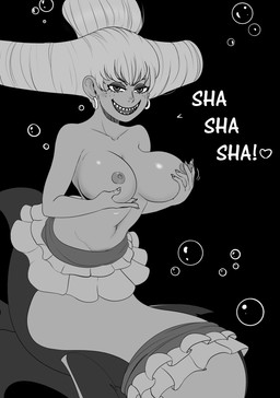 big_breasts black_background breast_fondling breast_play breasts ear_piercing female fondling freckles hair hand_on_breast heart_symbol laugh nipples piercing sharp_teeth simple_background smile solo split_form teeth haaru one_piece charlotte_praline animal_humanoid aquatic aquatic_humanoid fish fish_humanoid ground_shark hammerhead_shark humanoid merfolk shark shark_humanoid hi_res monochrome