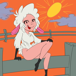 anthro barn biped breasts female fence fur looking_at_viewer on_fence open_mouth sitting smile solo sun wool_(fur) unknown_artist droopy_(series) metro-goldwyn-mayer sheep_wrecked leggy_lamb bovid caprine domestic_sheep mammal sheep 1:1 flat_colors
