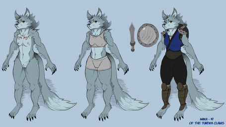 anthro areola barefoot black_eyes black_nails blue_clothing blue_eyes blue_topwear bottomwear bra breasts brown_bottomwear brown_clothing brown_pants chest_tattoo clothed clothing colored_nails dipstick_tail eyelashes feet female front_view fur genitals grey_background grey_body grey_bra grey_clothing grey_fur grey_panties grey_underwear jewelry markings nails navel nipples nude off/on panties pants pendant pink_areola pink_nipples simple_background small_breasts solo tail tail_markings tattoo thick_thighs topwear underwear vulva wide_hips nagibator canid canine canis mammal wolf hi_res