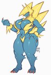 anthro blue_body blue_fur breasts female fur half-closed_eyes narrowed_eyes navel navel_piercing nude piercing simple_background solo thick_thighs white_background wide_hips yellow_body yellow_fur hdhxrrfg nintendo pokemon generation_3_pokemon manectric pokemon_(species) hi_res