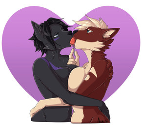anthro bedroom_eyes bodily_fluids breast_squish breasts breasts_together drooling duo female female/female food food_fetish food_play hand_on_hip indirect_kiss kissing licking narrowed_eyes nude nude_female saliva saliva_string seductive sharing sharing_food squish tongue narusewolf gabby_the_werewolf naruse_(narusewolf) canid canine canis mammal wolf