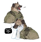 anthro brown_body brown_fur camo camo_clothing camo_print camo_topwear clothing duo fangs fur intimate kemono male male/male military military_uniform open_mouth pattern_clothing pattern_topwear pupils slit_pupils solo_focus teeth text tongue topwear touching_face translucent uniform yawn do72k third-party_edit tanshi human hyena mammal spotted_hyena english_text hard_translated hi_res translated translation_edit