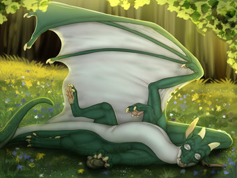 2_horns blep claws eyes_closed fangs feral front_view grass green_body horn lighter_belly lying lying_on_grass male membrane_(anatomy) membranous_wings on_back on_grass on_ground outside paws plant solo tail tapering_tail teeth tongue tongue_out wing_claws wings kristinagoose_(artist) mythology oriem avian bird dragon mythological_creature mythological_scalie scalie digital_media_(artwork) full-length_portrait hi_res portrait